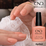 Vernis semi-permanent professionnel CND Shellac Apribot, teinte abricot nude douce et naturelle, finition brillante sur ongles courts et longs