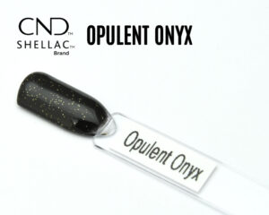 Capsule du vernis semi-permanent professionnel CND™ Shellac Opulent Onyx, noir profond parsemé de fines paillettes dorées au fini brillant et luxueux.