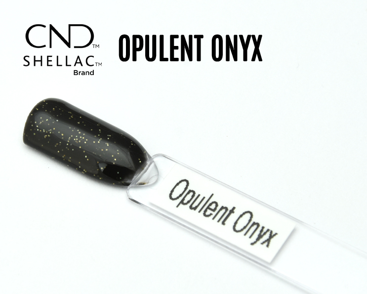 Capsule du vernis semi-permanent professionnel CND™ Shellac Opulent Onyx, noir profond parsemé de fines paillettes dorées au fini brillant et luxueux.