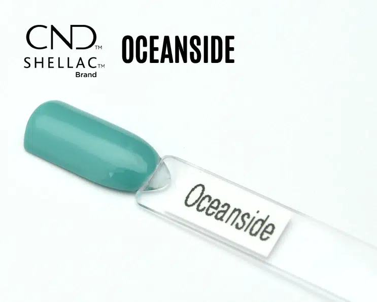 Capsule du vernis semi-permanent professionnel CND™ Shellac Oceanside, bleu turquoise vif au fini brillant et laqué.