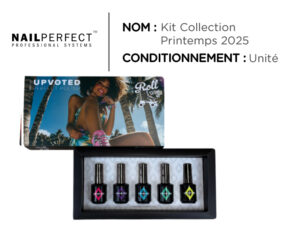 Image de la collection NailPerfect Upvoted Roll With It Printemps 2025 présentant les cinq teintes : Disco Darling, Spin The Night, Rolling Wave, Groovy Lane et Skating Star – vernis semi-permanents aux nuances printanières, modernes et brillantes.