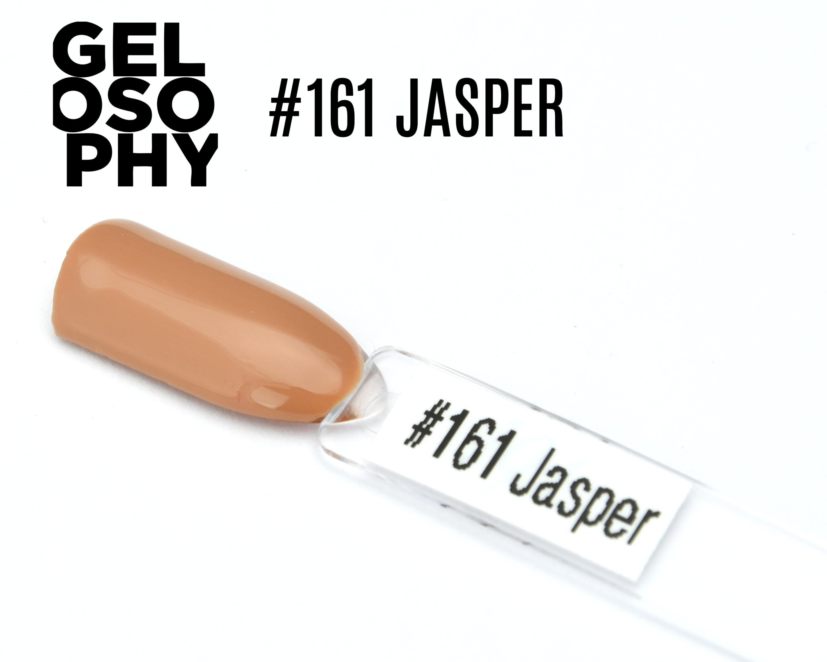 Capsule de présentation du vernis permanent AstonishingNails Gelosophy #161 Jasper, un beige caramel doux et naturel à la finition brillante.