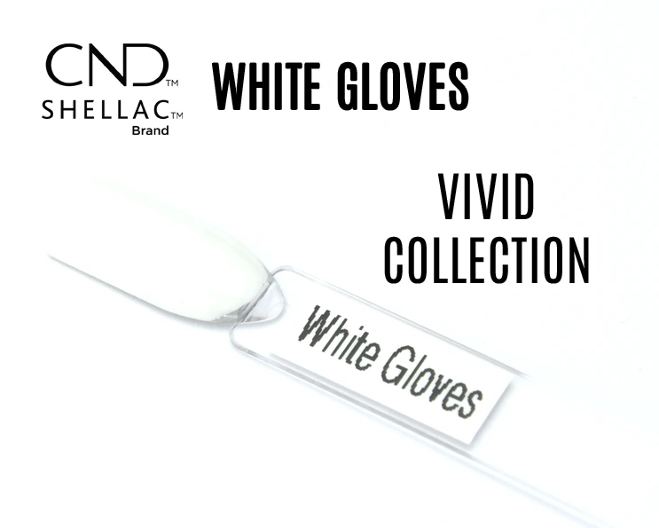 Capsule du vernis semi-permanent professionnel CND™ Shellac White Gloves, blanc pur et brillant au fini laqué, issu de la Vivid Collection.