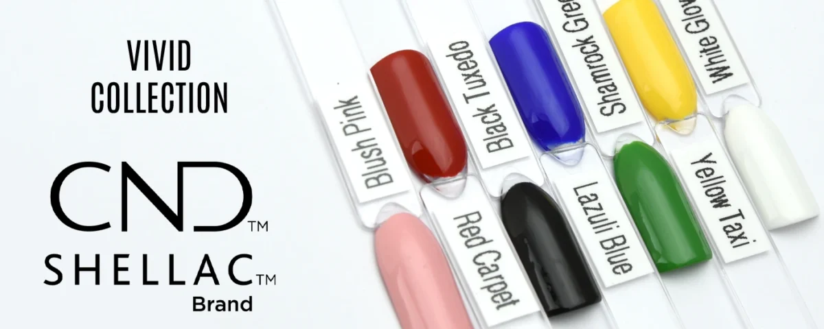 Photo de la collection VIVID CND Shellac regroupant sept vernis semi-permanents professionnels — Black Tuxedo, Blush Pink, Lazuli Blue, Red Carpet, Shamrock Green, White Gloves et Yellow Taxi — aux couleurs vives et brillantes, accompagnés du duo Base et Top Coat CND pour une manucure durable et éclatante.