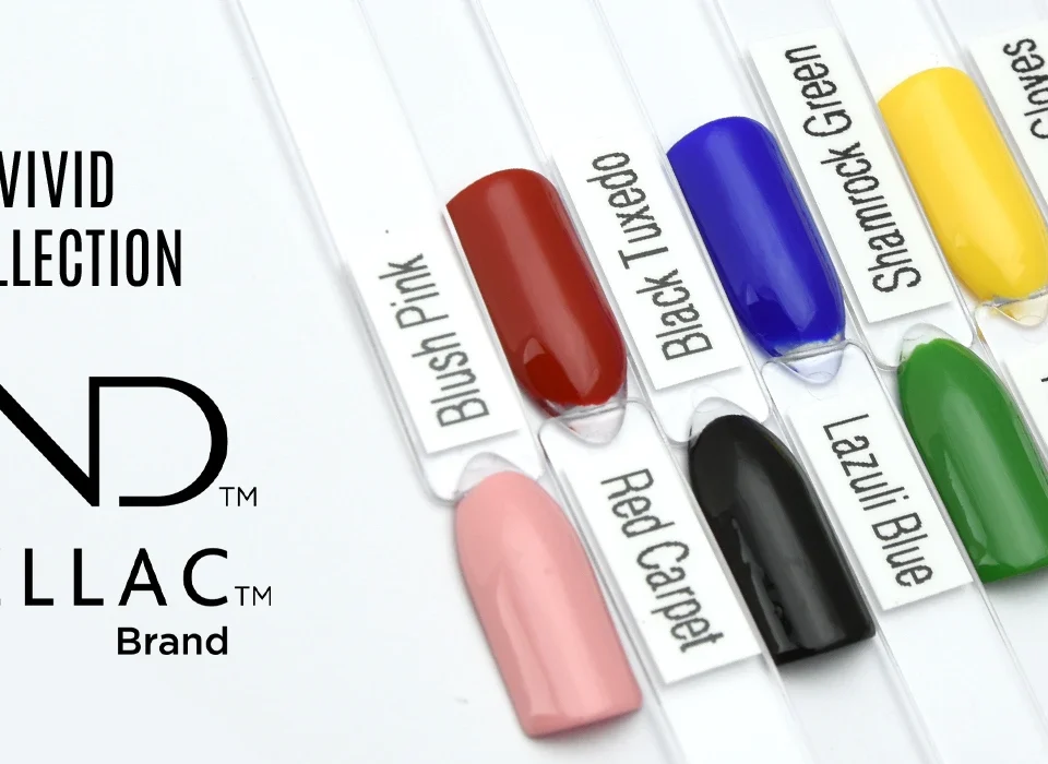 Photo de la collection VIVID CND Shellac regroupant sept vernis semi-permanents professionnels — Black Tuxedo, Blush Pink, Lazuli Blue, Red Carpet, Shamrock Green, White Gloves et Yellow Taxi — aux couleurs vives et brillantes, accompagnés du duo Base et Top Coat CND pour une manucure durable et éclatante.