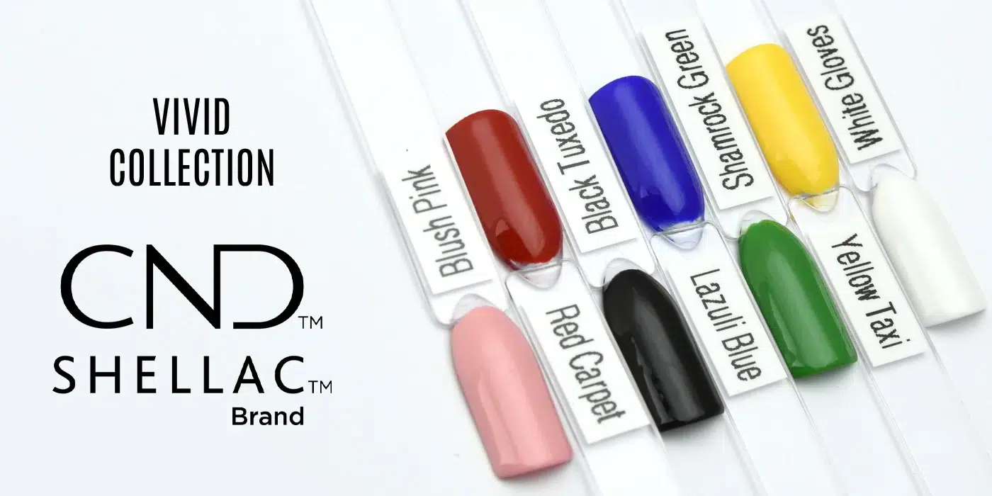 Photo de la collection VIVID CND Shellac regroupant sept vernis semi-permanents professionnels — Black Tuxedo, Blush Pink, Lazuli Blue, Red Carpet, Shamrock Green, White Gloves et Yellow Taxi — aux couleurs vives et brillantes, accompagnés du duo Base et Top Coat CND pour une manucure durable et éclatante.