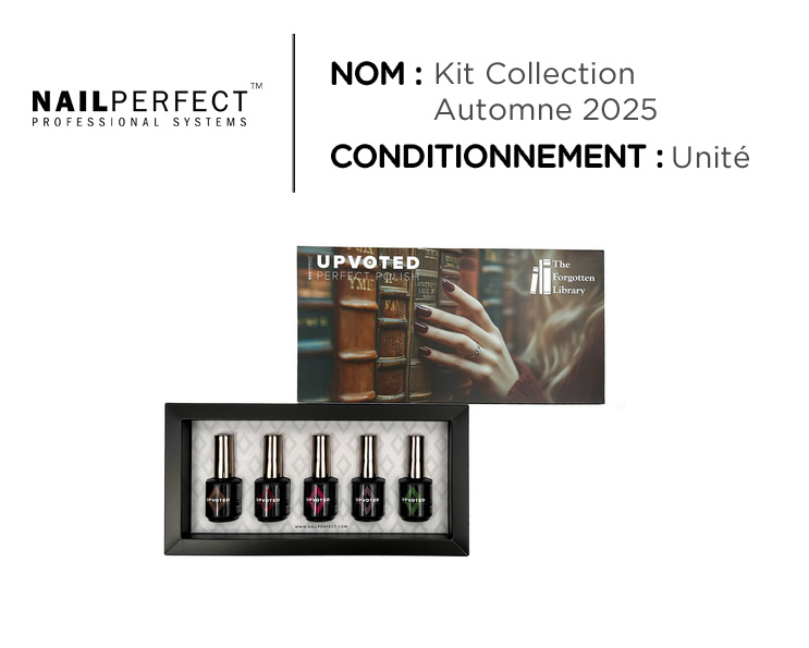 Image de la collection NailPerfect Upvoted The Forgotten Library présentant les cinq teintes : Dusty Pages, Sealed With Wax, Ink Ivy, Faded Bookmark et Emerald Archives — vernis semi-permanents professionnels aux nuances automnales mystérieuses et luxueuses.