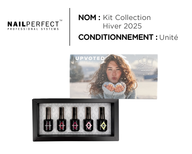 Coffret Collection Hiver 2025 Polaroid Snow Memories – Vernis Semi-Permanent NailPerfect Upvoted – Kit 5 Couleurs Coffret vernis semi-permanent NailPerfect Upvoted collection hiver 2025 Polaroid Snow Memories avec 5 teintes