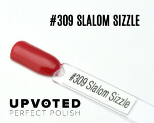 Capsule du vernis semi-permanent NailPerfect Upvoted #309 Slalom Sizzle, un rouge pur classique d’hiver.