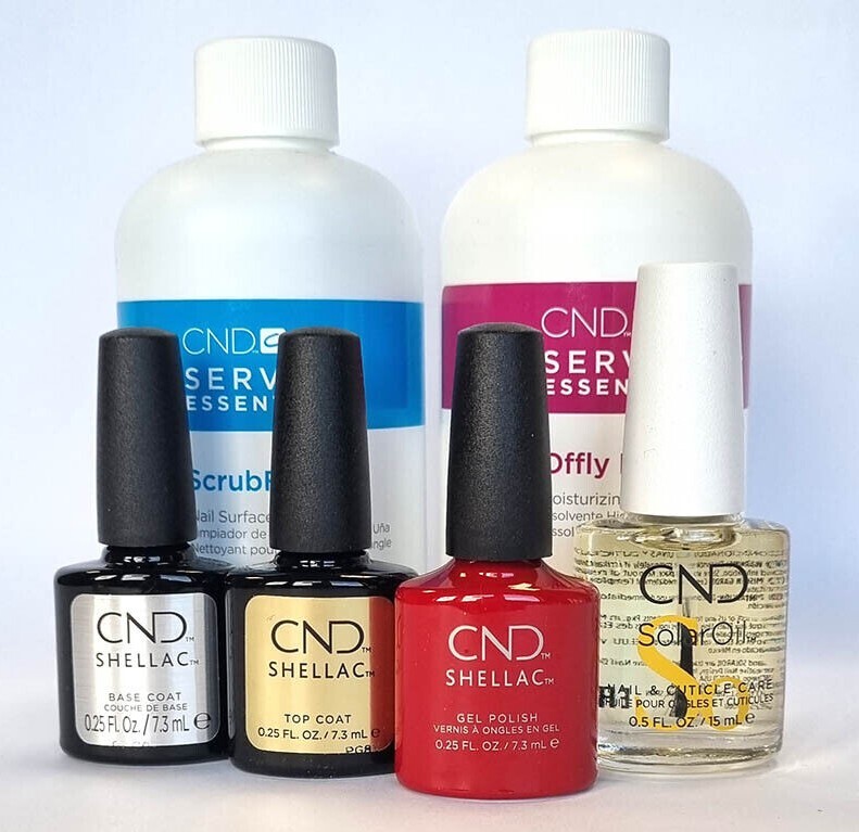 kit CND Shellac avec base coat, top coat, couleur, ScrubFresh, Offly Fast et SolarOil pour protocole professionnel vernis semi-permanent
