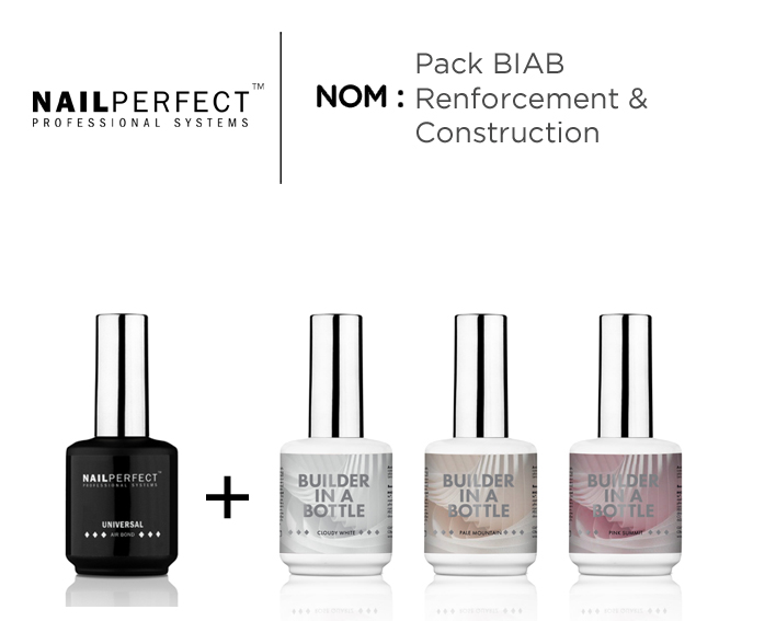 Pack BIAB NailPerfect avec Primer Universal Air Bond et 3 Builder In A Bottle pour renforcement, gainage et construction des ongles naturels