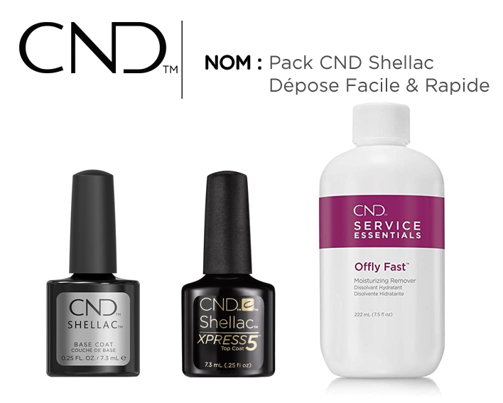 Pack CND Shellac dépose facile et rapide avec Offly Fast, Base Coat et Top Coat Xpress5 pour retrait du vernis semi-permanent sans abîmer les ongles