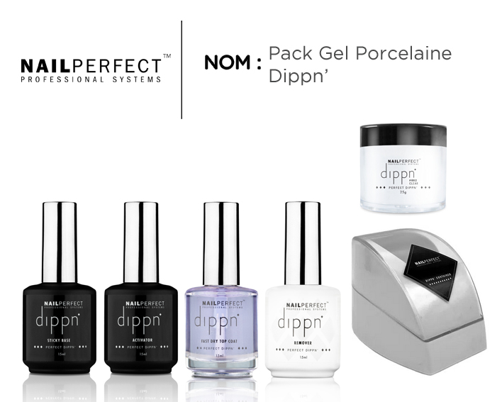 Pack gel porcelaine Dippn NailPerfect avec base, activateur, top coat, poudre clear et remover
