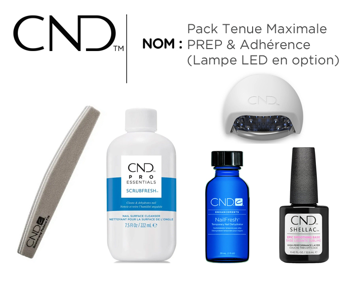 Pack CND Shellac tenue maximale avec ScrubFresh, NailFresh, Base Epic Smoothing et lampe LED