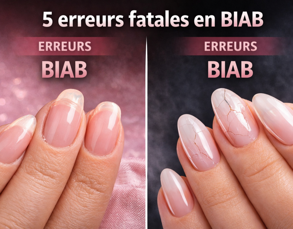 Exemples de décollement et fissures sur pose BIAB montrant les erreurs courantes en onglerie