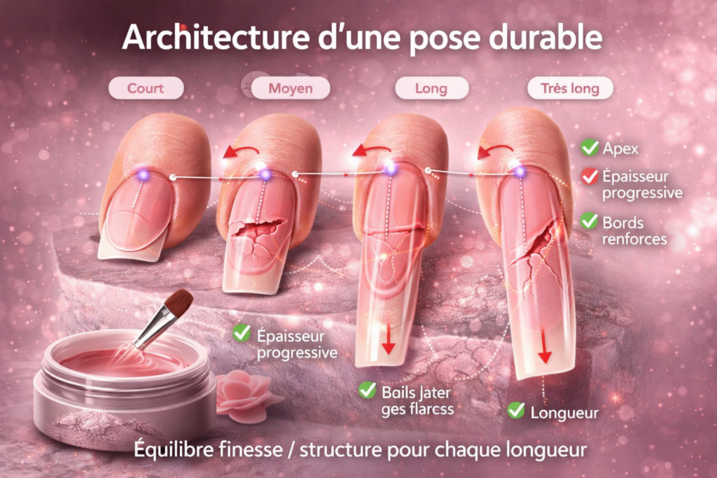Schéma illustrant le positionnement de l’apex et l’épaisseur progressive d’une pose en gel selon différentes longueurs d’ongles