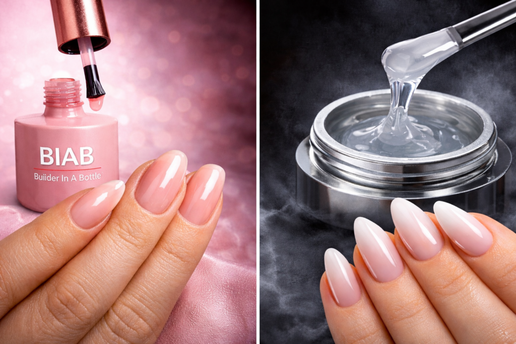 Comparaison entre pose BIAB naturelle nude et pose en gel classique avec extension structurée