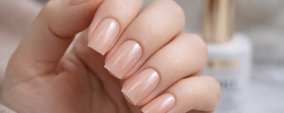 Ongles nude naturels renforcés avec technique BIAB Builder in a Bottle, finition brillante et élégante