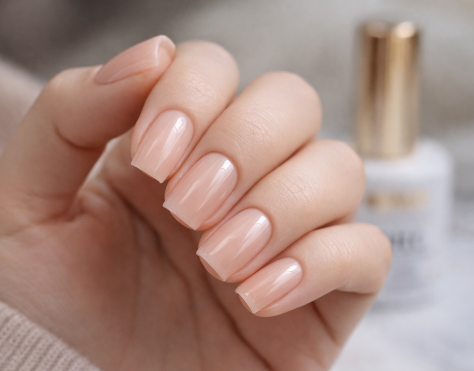Ongles nude naturels renforcés avec technique BIAB Builder in a Bottle, finition brillante et élégante