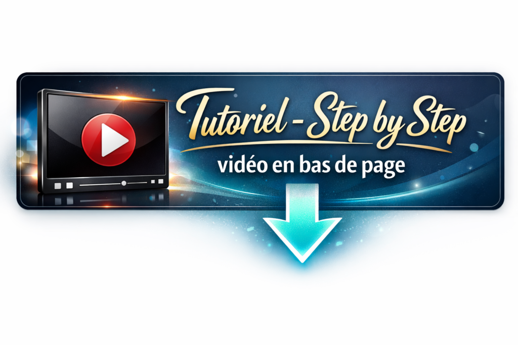 Encart tutoriel vidéo step by step avec flèche vers le bas indiquant la vidéo en bas de page