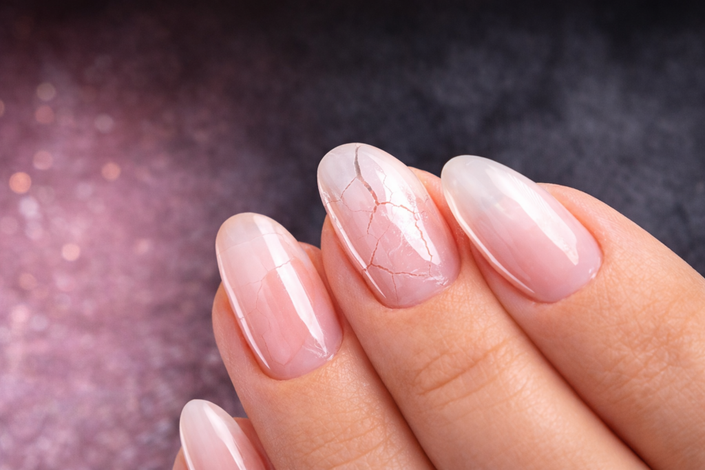 Gros plan sur ongle BIAB présentant fissures et décollement dus à une mauvaise structure