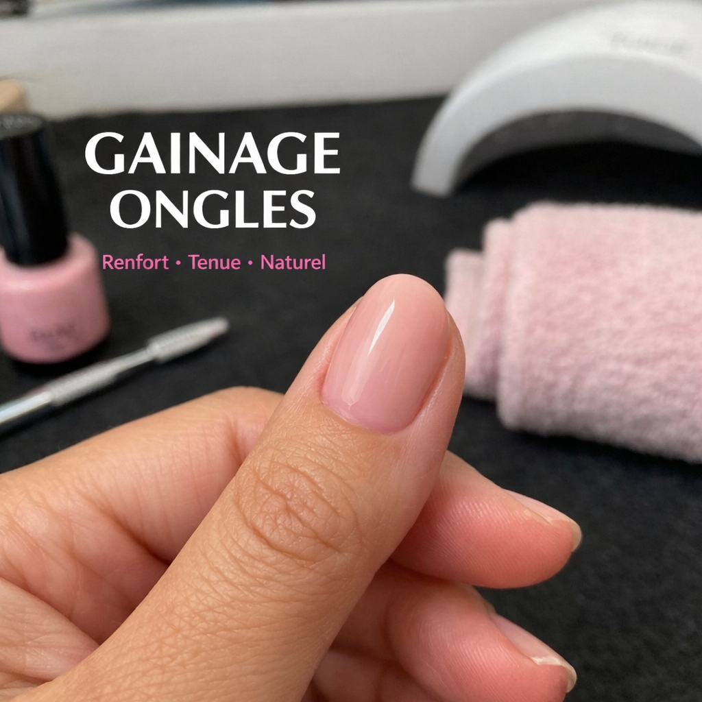 Gainage ongles naturel avec gel constructeur BIAB effet nude rosé brillant en institut