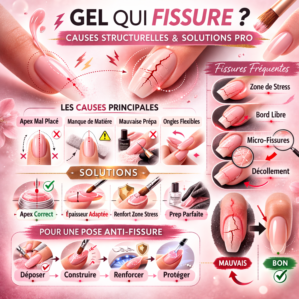 Gel de construction fissuré sur ongle – causes structurelles comme apex mal placé, manque de matière et solutions professionnelles