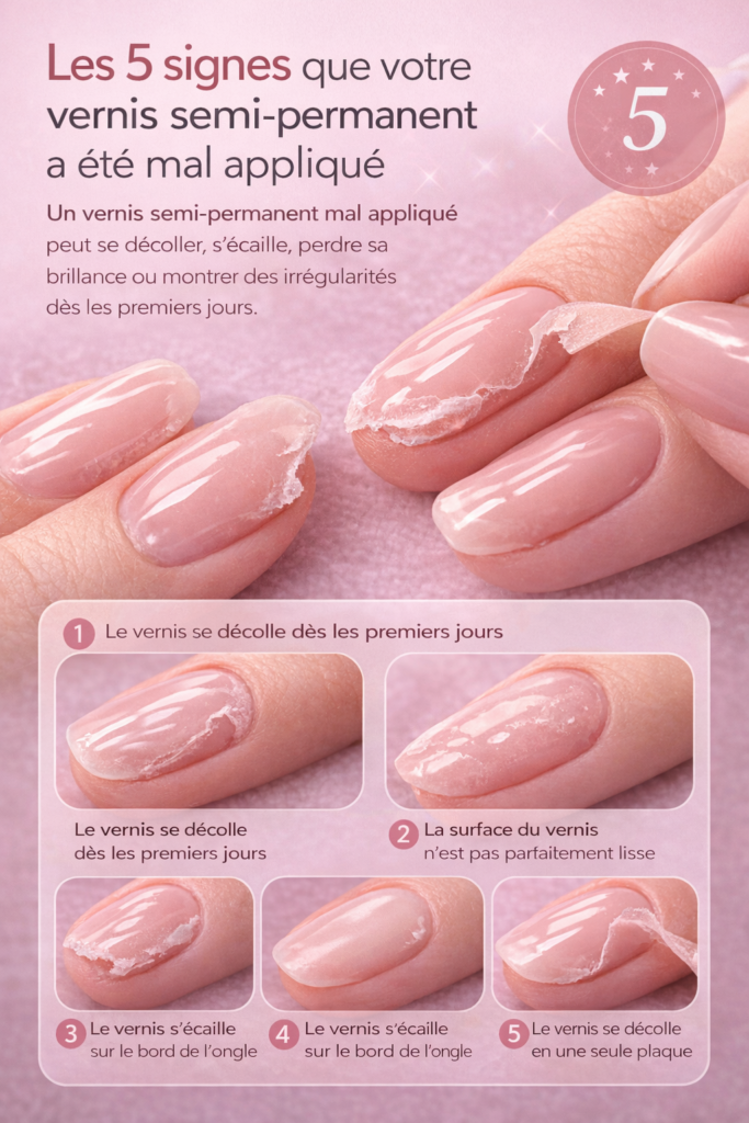 Les 5 signes d’un vernis semi-permanent mal appliqué : décollement, surface irrégulière, vernis qui s’écaille et perte de brillance