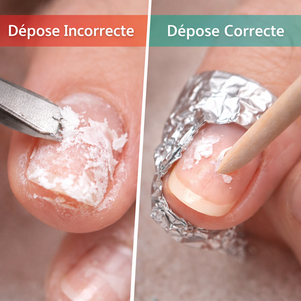 Comparaison dépose incorrecte et dépose correcte vernis semi permanent