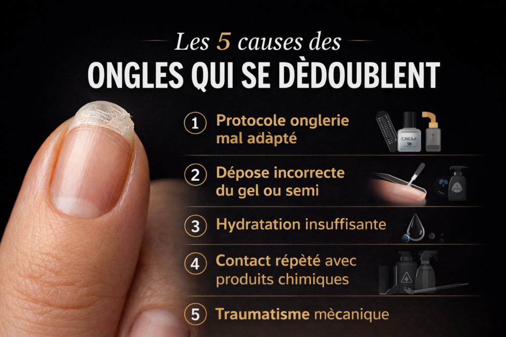 Infographie expliquant les 5 causes principales des ongles qui se dédoublent : dépose incorrecte, protocole onglerie inadapté, déshydratation, produits chimiques et traumatismes