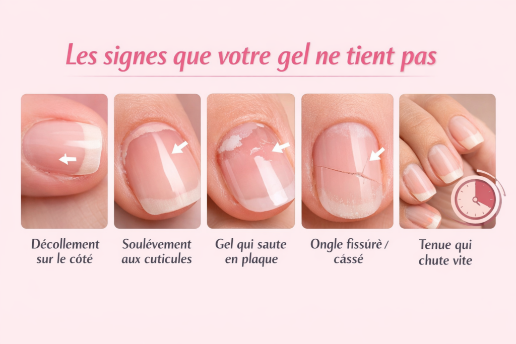 gel qui ne tient pas signes décollement ongles gel soulèvement cuticules gel qui saute en plaque fissure ongle gel tenue faible manucure gel problème
