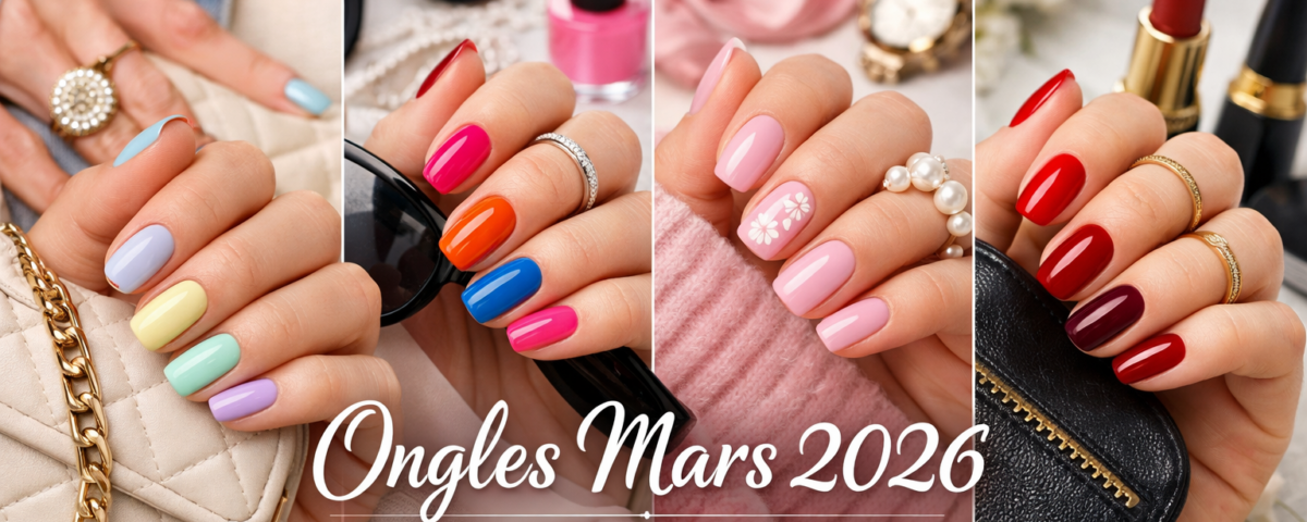 Ongle mars 2026 : tendances manucure pastel, rose, rouge et couleurs pop avec accessoires mode printemps