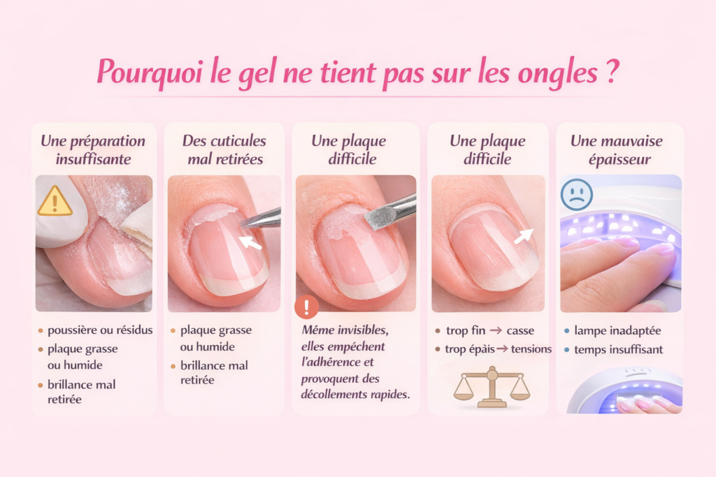 pourquoi gel ne tient pas ongles causes gel uv led mauvaise adhérence ongles préparation cuticules épaisseur gel polymérisation lampe gel problème