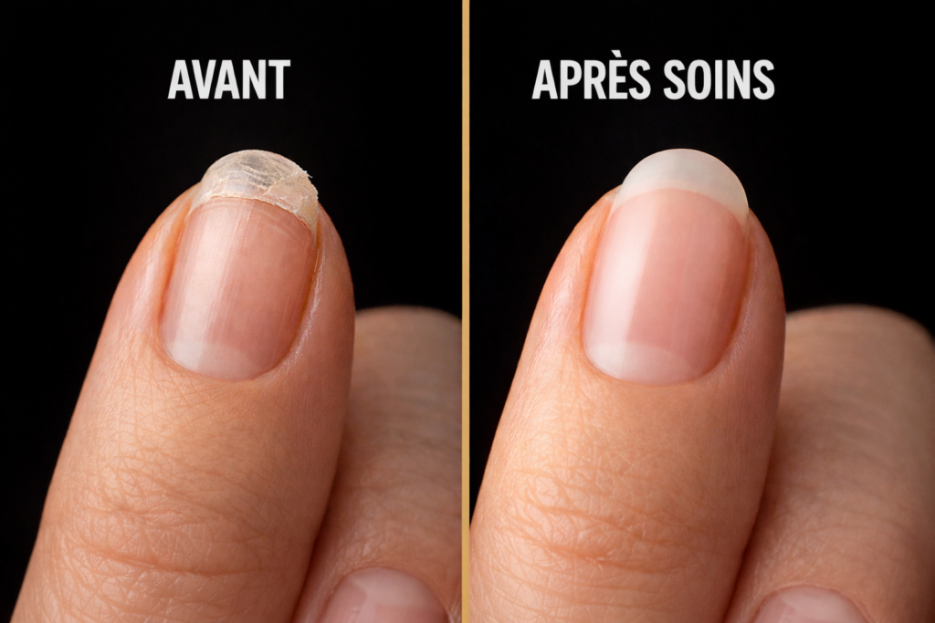 Comparaison avant après d’un ongle qui se dédouble avec amélioration après soins réparateurs pour renforcer l’ongle naturel