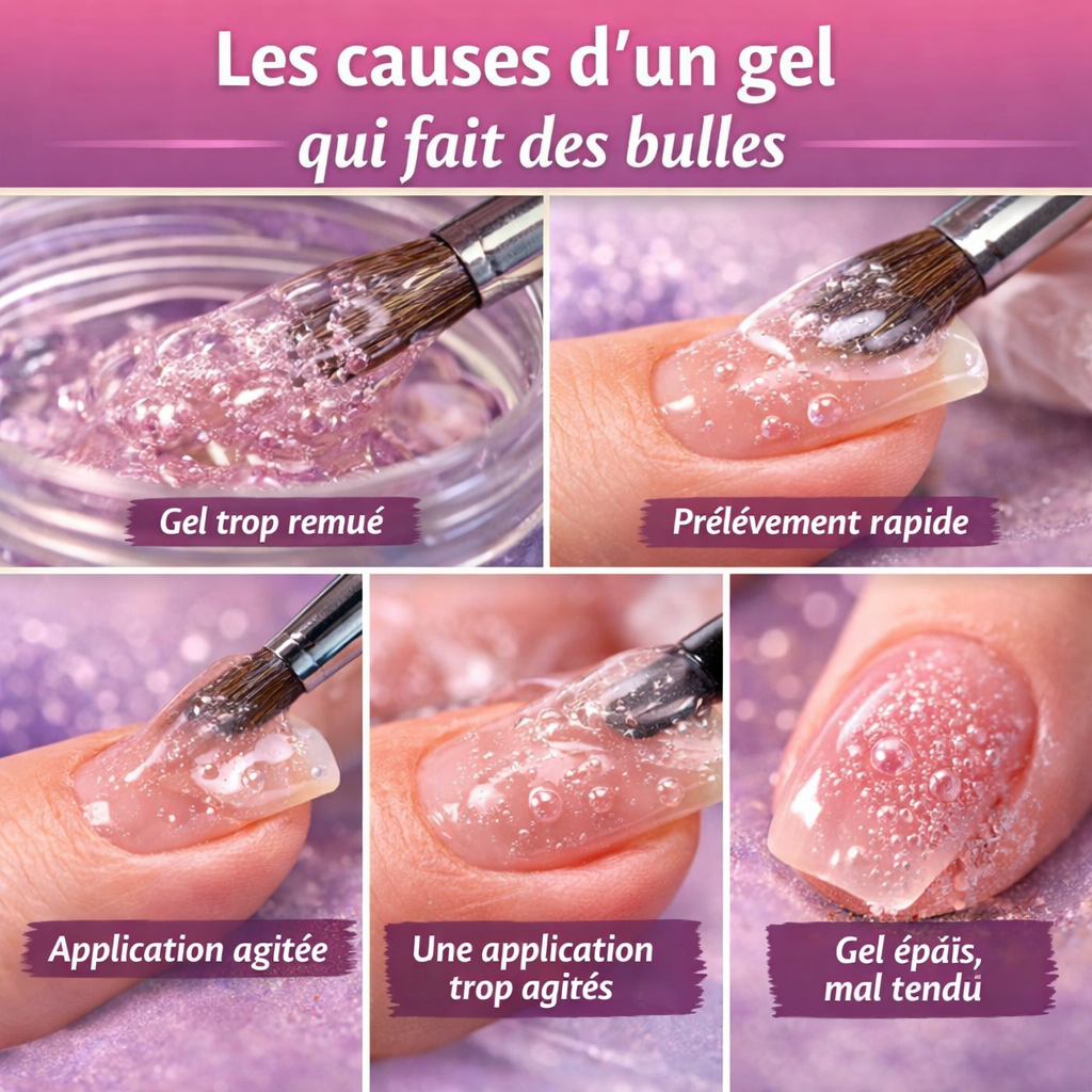 causes gel bulles ongle application incorrecte gel remue prelevement rapide bulles gel