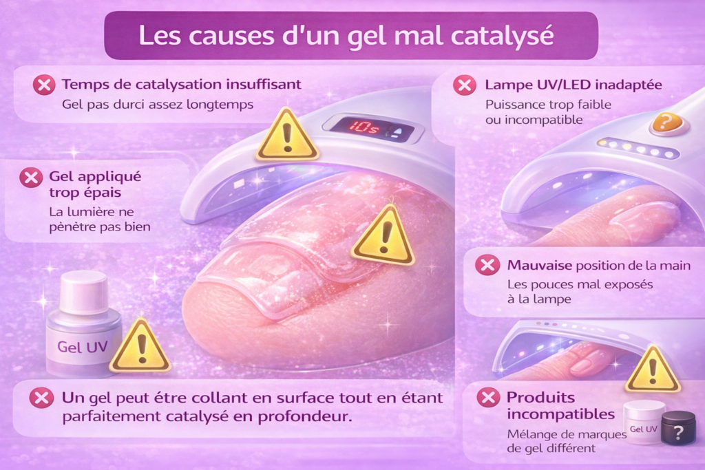 gel mal catalyse causes lampe uv led temps insuffisant gel trop epais mauvaise position main incompatibilite produits ongle