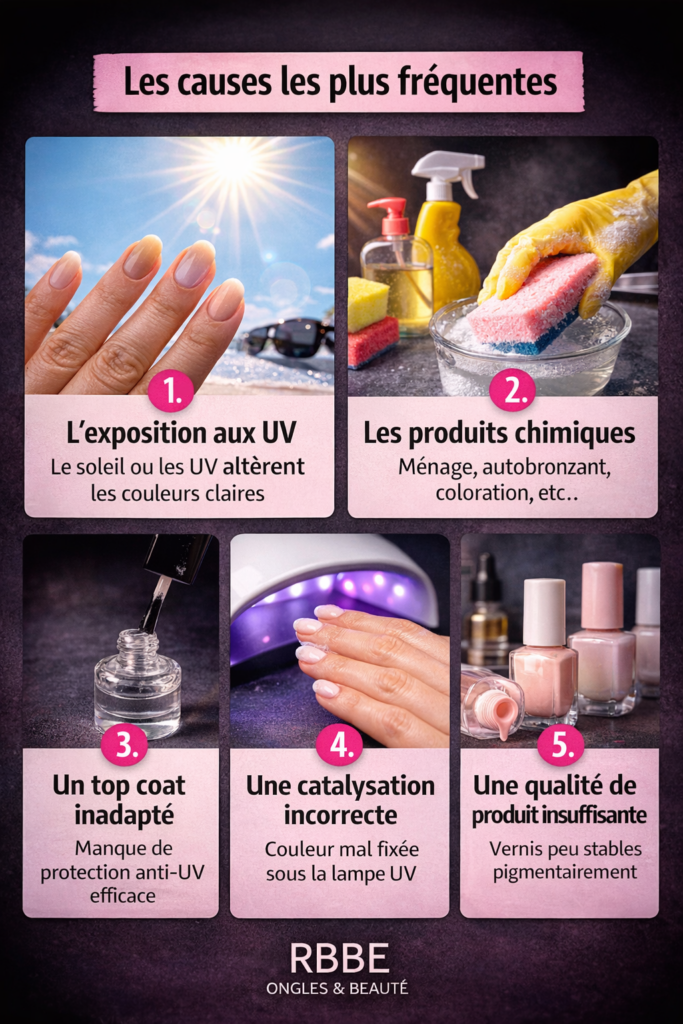 causes vernis semi permanent change couleur UV produits chimiques top coat catalysation mauvaise qualité