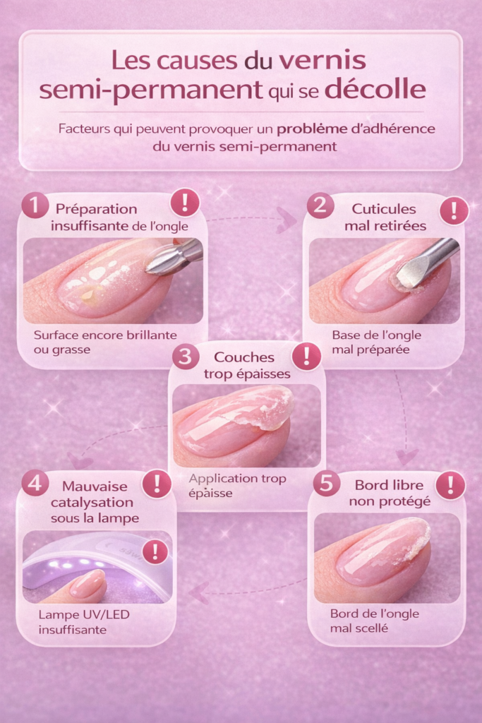 causes vernis semi permanent qui se décolle – préparation insuffisante, cuticules, couches épaisses, lampe UV LED, bord libre