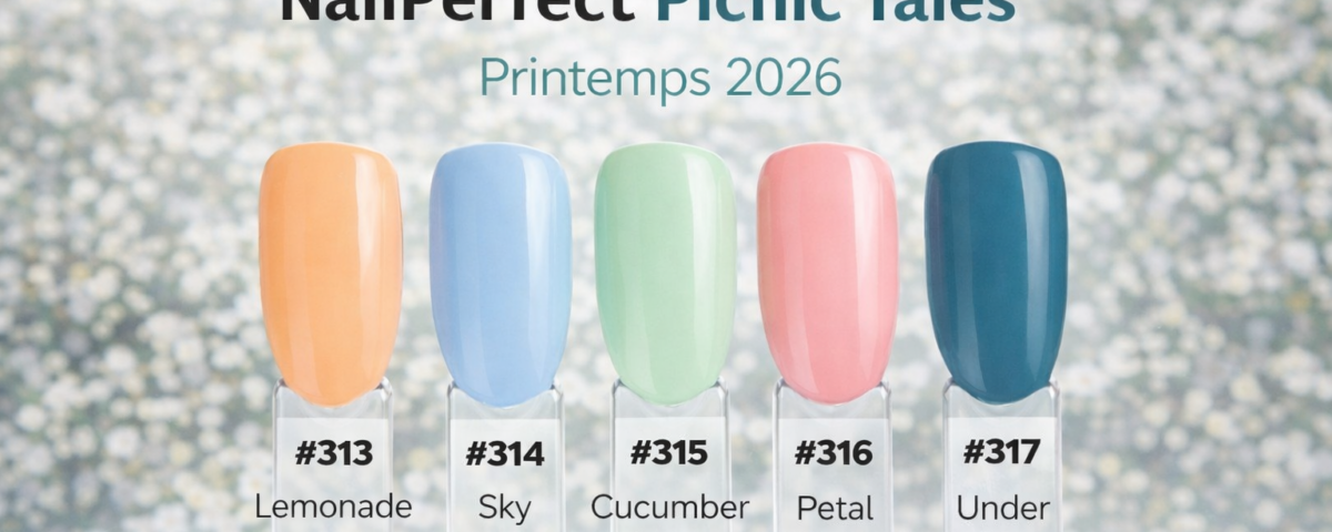 Couleurs vernis semi-permanent NailPerfect Picnic Tales printemps 2026 : Lemonade Break, Sky Spread, Cucumber Breeze, Petal Pitcher et Under Vines