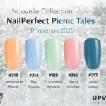 Couleurs vernis semi-permanent NailPerfect Picnic Tales printemps 2026 : Lemonade Break, Sky Spread, Cucumber Breeze, Petal Pitcher et Under Vines