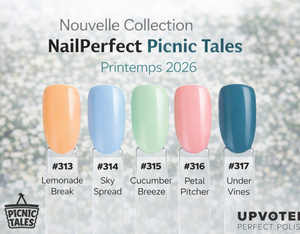 Couleurs vernis semi-permanent NailPerfect Picnic Tales printemps 2026 : Lemonade Break, Sky Spread, Cucumber Breeze, Petal Pitcher et Under Vines