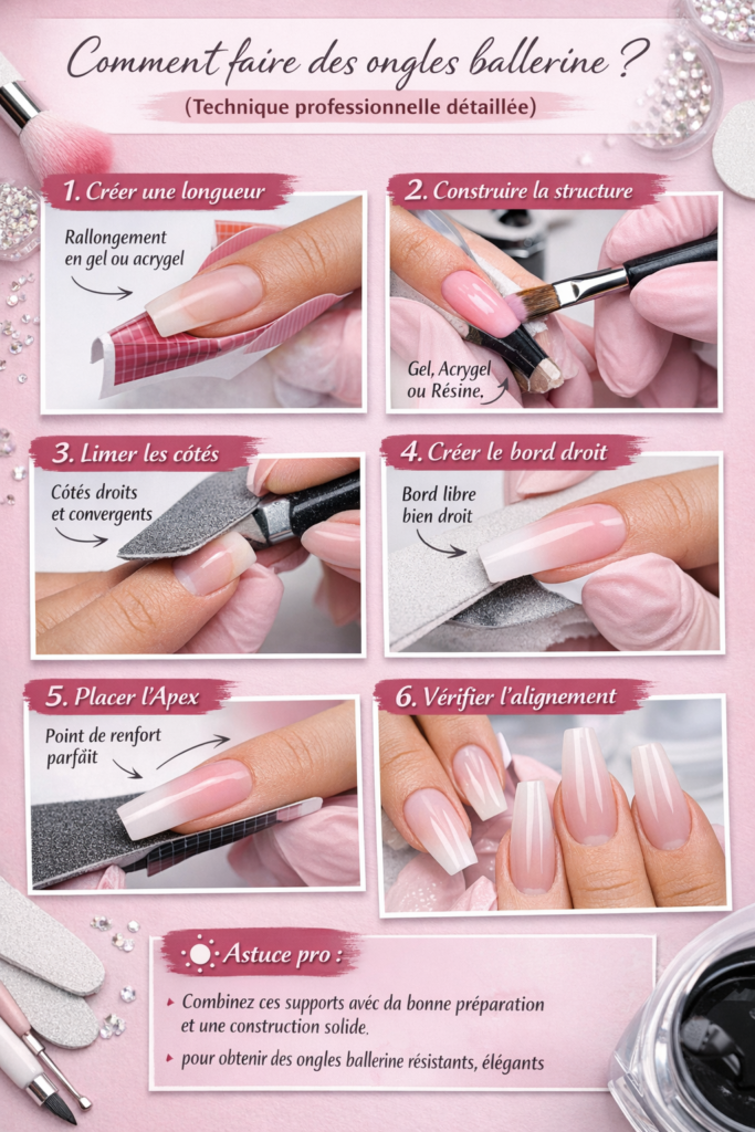 technique ongle ballerine gel acrygel limage apex bord droit étapes professionnelles nail art coffin