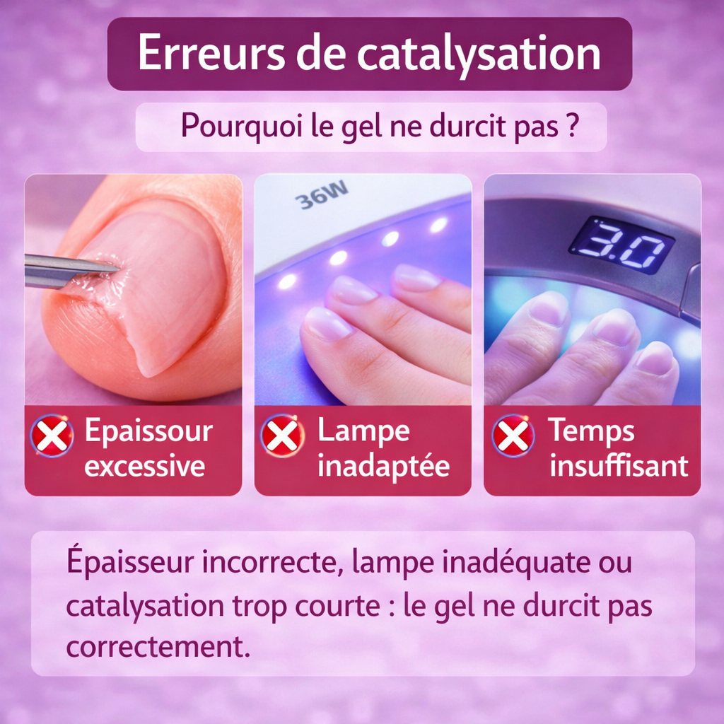 erreurs catalysation gel ongle epaisseur trop epaisse lampe uv led insuffisante temps catalysation insuffisant