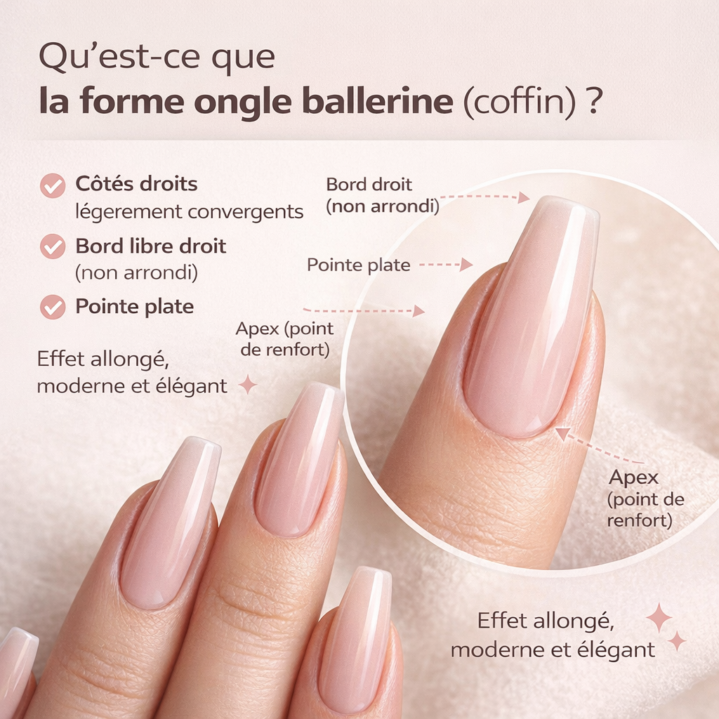 Forme ongle ballerine coffin avec explication technique apex bord droit côtés limés structure ongle gel