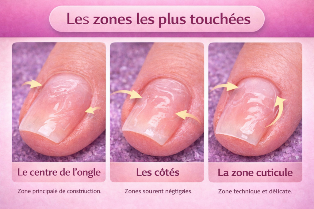 gel ongles vagues zones centre apex cotes cuticule defaut surface gel
