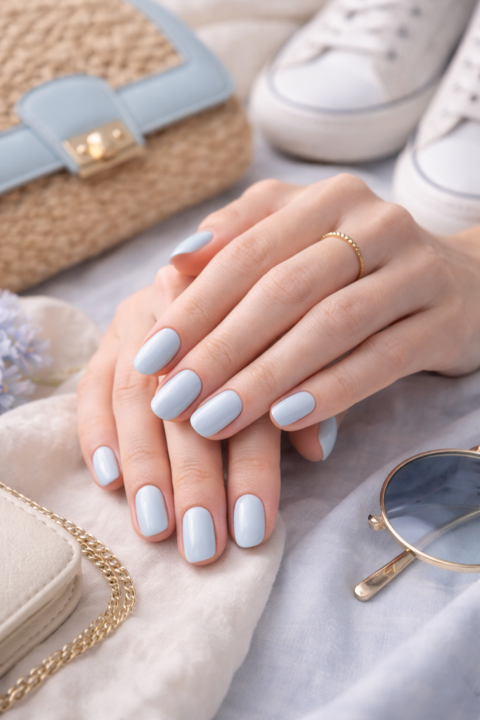 Manucure bleu ciel sur ongles courts élégants tendance manucure printemps 2026