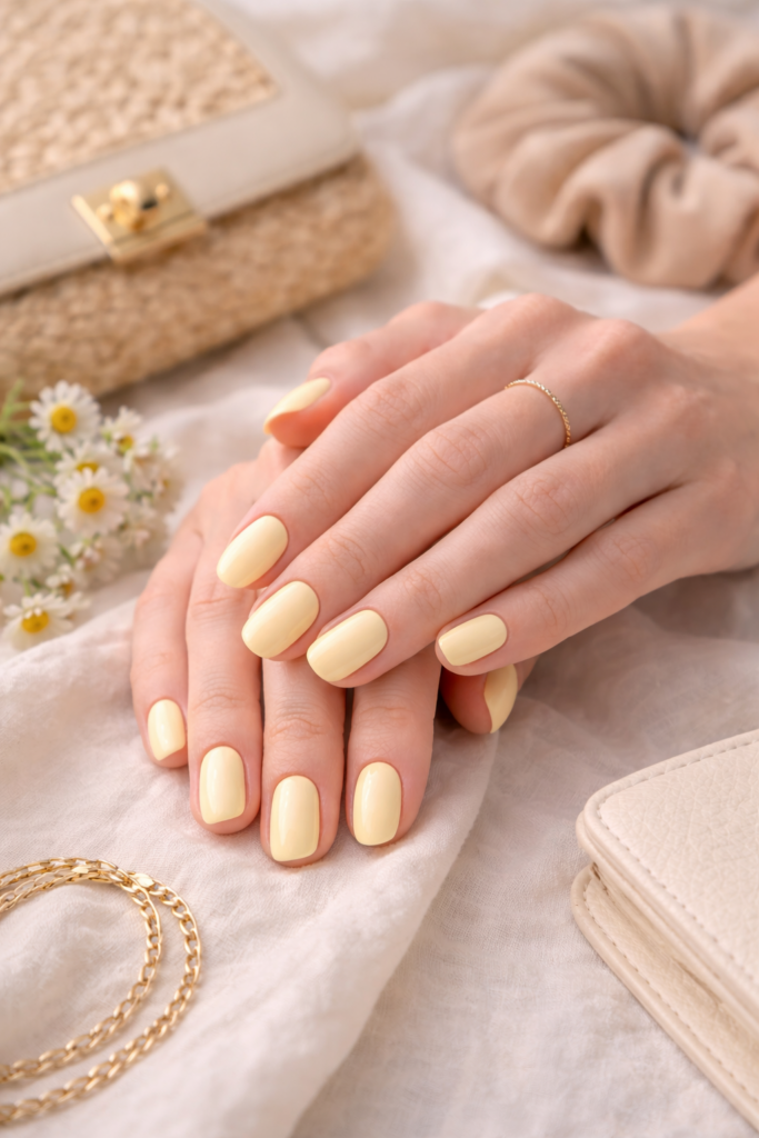 Manucure jaune beurre pastel sur ongles courts élégants tendance manucure printemps 2026