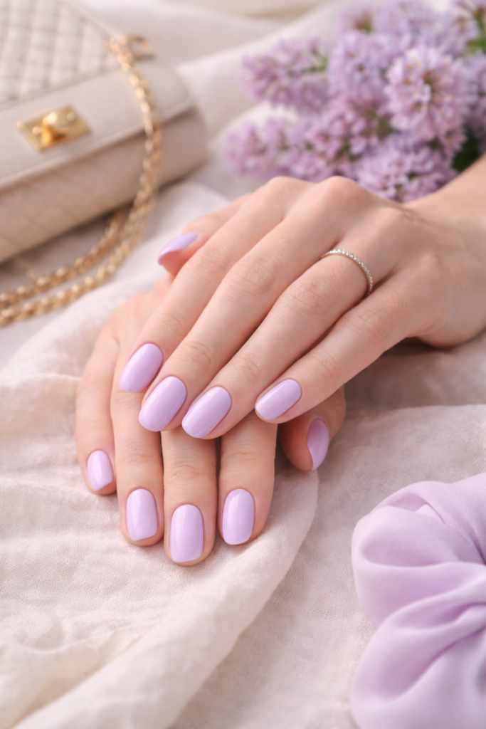 Manucure lilas pastel sur ongles amande élégants tendance manucure printemps 2026