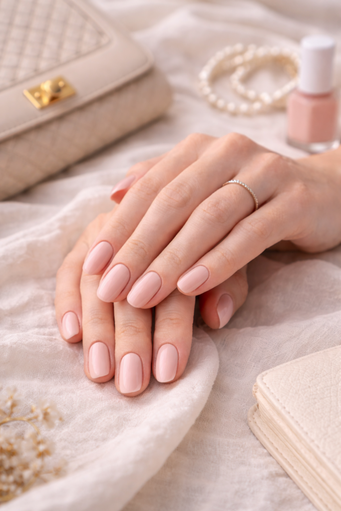 Manucure nude rosé sur ongles courts naturels tendance manucure printemps 2026