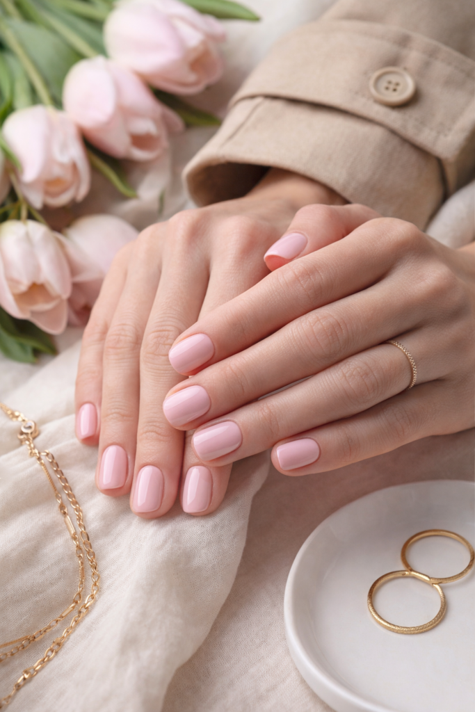 Manucure rose pastel élégante sur ongles courts avec bijoux dorés style printemps